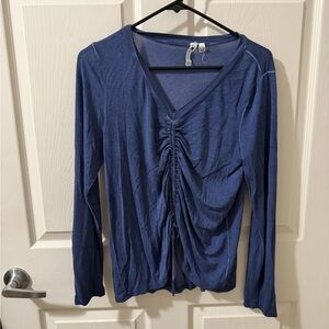 Blue Ruched V-Neck Women's Top